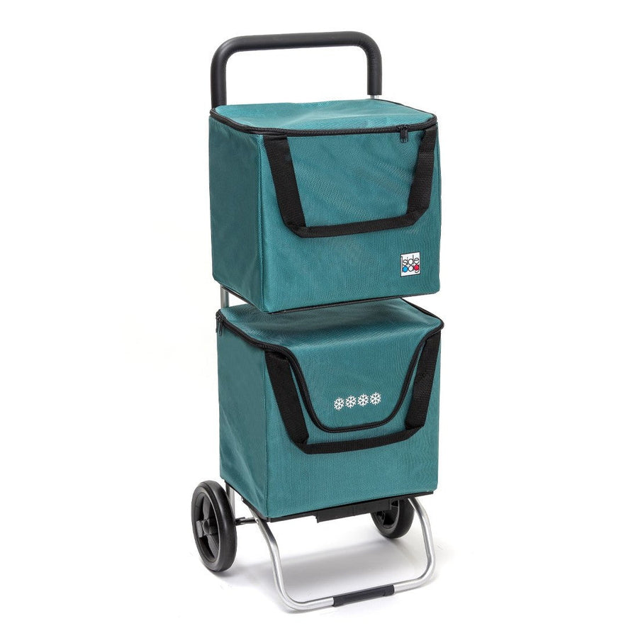 Chariot de courses ModuloBag 2×20 L bleu canard — dont 1 sac isotherme, châssis pliable